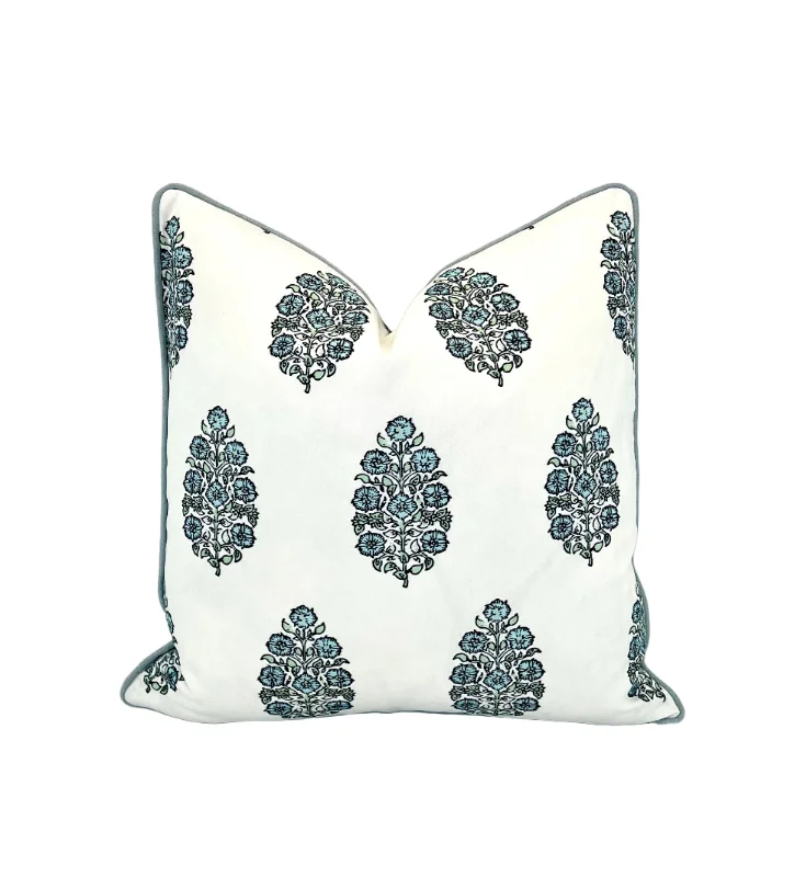 Cotton Pillows for Natural ComfortDecorative Pillow Cover in Mughal Floral Print - Blue, Green and White or Ticking Soft and Quiet Blues