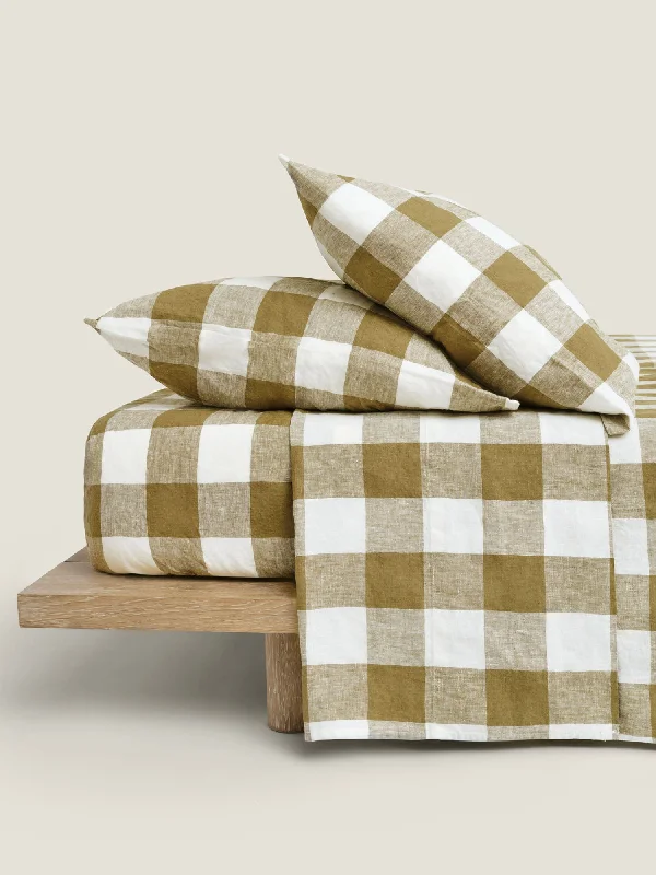 Polyester - Cotton Blend Sheets for Durability and Comfort100% Linen Fitted Sheet in Olive Check