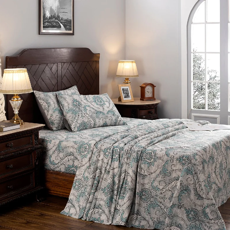 Queen - Size Sheet Sets with a European Pillowcase SetNostalgic Attire Pearl Petal Blue Printed 100% Cotton Soft Bed Sheet