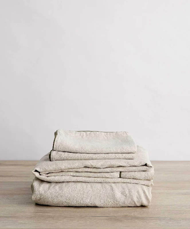 Jersey - Knit Sheets for a Comfortable and Casual BedPiped Linen Sheet Set with Pillowcases - Natural and Forest