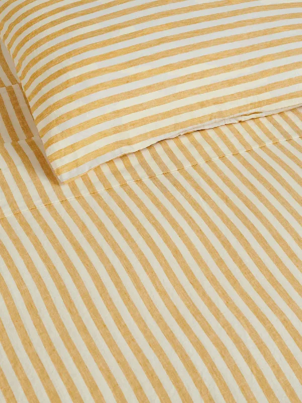 Queen - Size Sheet Sets with a European Pillowcase Set100% Linen Flat Sheet in Yellow Stripes