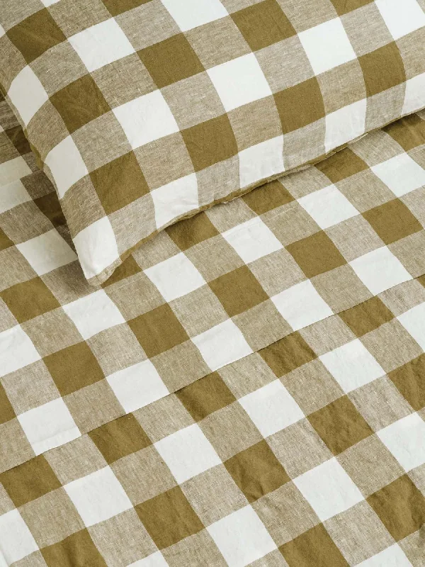 Anti - Pill Microfiber Sheets for a Smooth Appearance100% Linen Flat Sheet in Olive Check