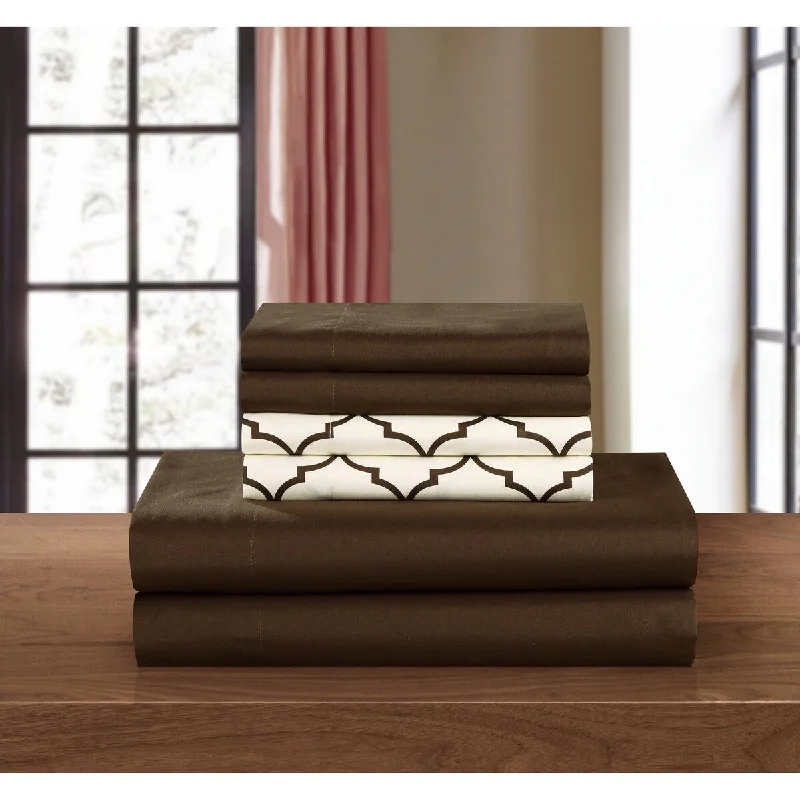 Fitted Sheets with Reinforced Corners for Long - Lasting UseChic Home Solid Brown with Tymon Brown 6 Piece Sheet Set