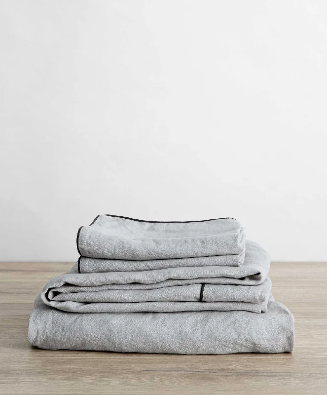 Hypoallergenic Silk Sheets for Sensitive SleepersPiped Linen Sheet Set with Pillowcases - Smoke Grey and Slate