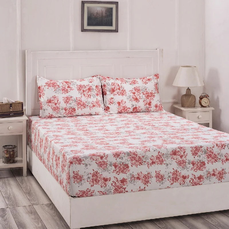 Flat Sheets with a High - Quality Finish for a Luxurious LookFlorescence Aster Print Red Fitted Sheet With Pillow Covers