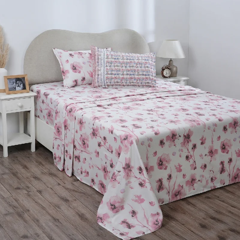 Flat Sheets with a High - Quality Finish for a Luxurious LookHermosa Eclectic Garden Painterly Floral 100%Cotton Printed Bed Sheet With Pillow Case