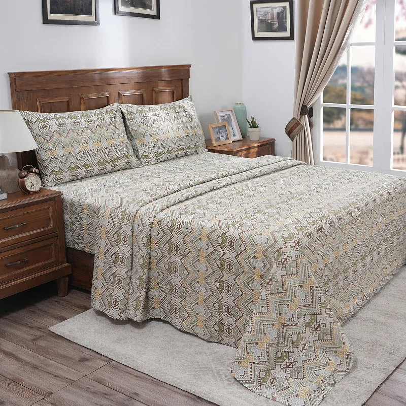 Flat Sheets with a High - Quality Finish for a Luxurious LookIndigenous Artisan Aztec Stripe 100%Cotton Printed Green Bed Sheet With Pillow Case