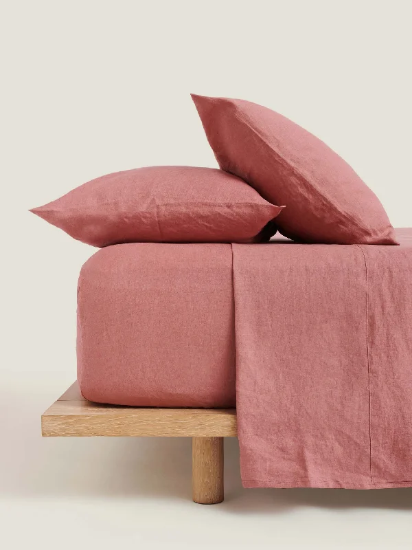 Twin - Size Sheet Sets with a Pillow Protector100% Linen Fitted Sheet in Vintage Pink