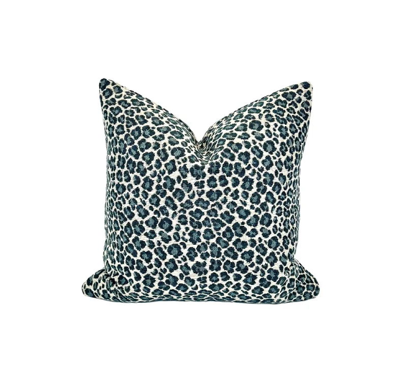 Down Alternative Pillows for Ethical ChoicesLeopard Pillow Cover in Designer Luxury Chenille Animal Print Upholstery Fabric in Jade Blue