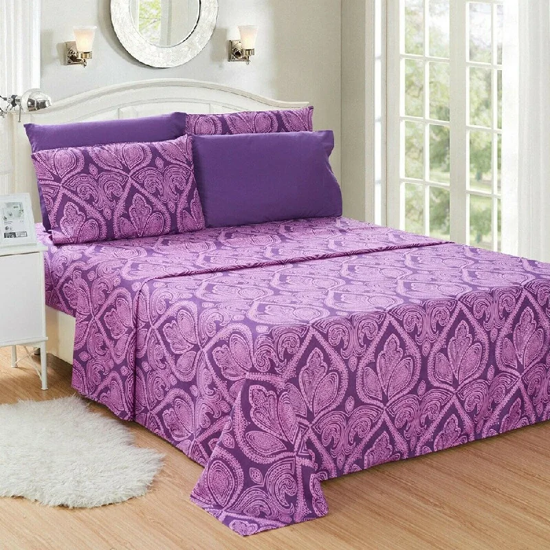 Wrinkle - Free Polyester Sheets for a Low - Maintenance BedLuxury 6 Piece Bed Sheet Set 1800 Count Paisley Twin XL Purple