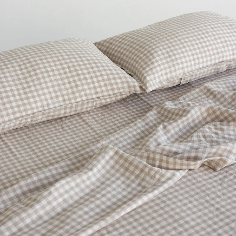 Queen - Size Sheet Sets with a European Pillowcase SetEuropean Linen Flat Sheet - Natural Small Gingham