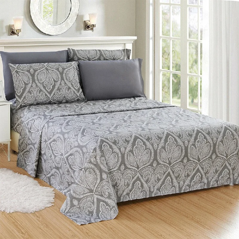 Wrinkle - Free Polyester Sheets for a Low - Maintenance BedLuxury 6 Piece Bed Sheet Set 1800 Count Paisley King Gray