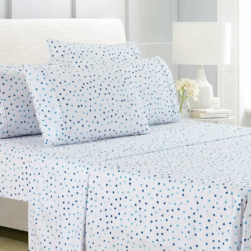 Hypoallergenic Silk Sheets for Sensitive Sleepers6-Piece Egyptian Comfort 1800 Series Ultra Full Blue Stars