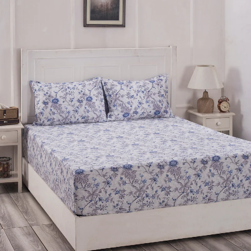 King - Size Sheet Sets with a Decorative Pillow SetFlorescence Juniper Print Blue Fitted Sheet With Pillow Covers