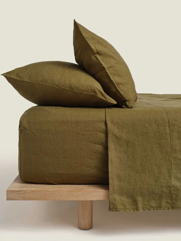 Anti - Pill Microfiber Sheets for a Smooth Appearance100% Linen Fitted Sheet in Olive