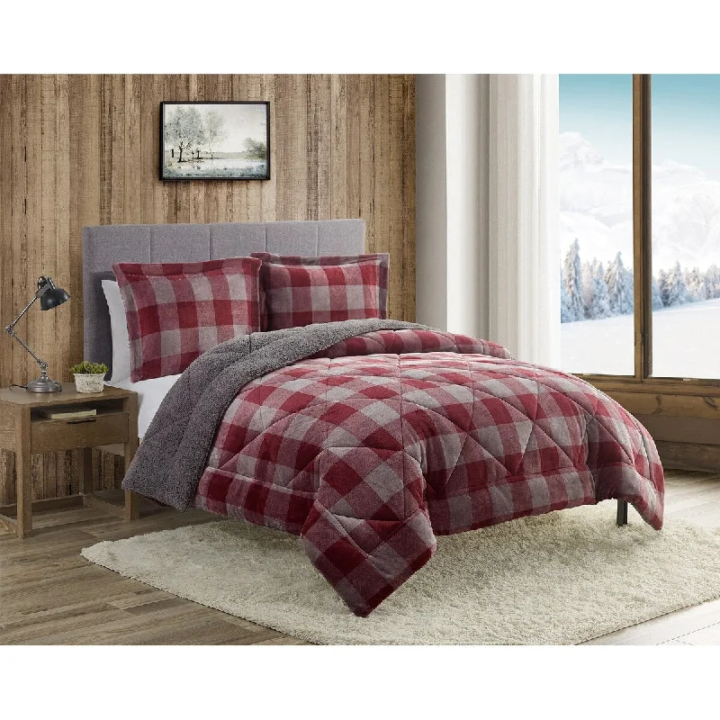 Latex - filled comforters with a bouncy texture and good supportBuffalo Check Burgundy Ultra Plush-Sherpa 3 PC Comforter Bedding Set