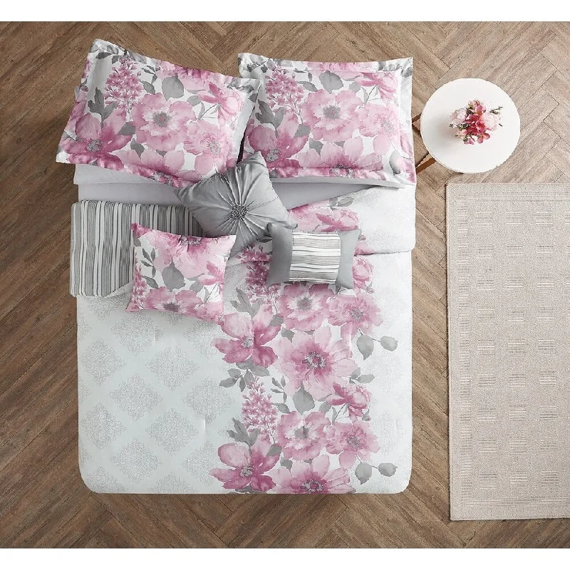 Latex - filled comforters with a bouncy texture and good supportCharlize Gray/Pink Floral 7-Piece Reversible Comforter Set