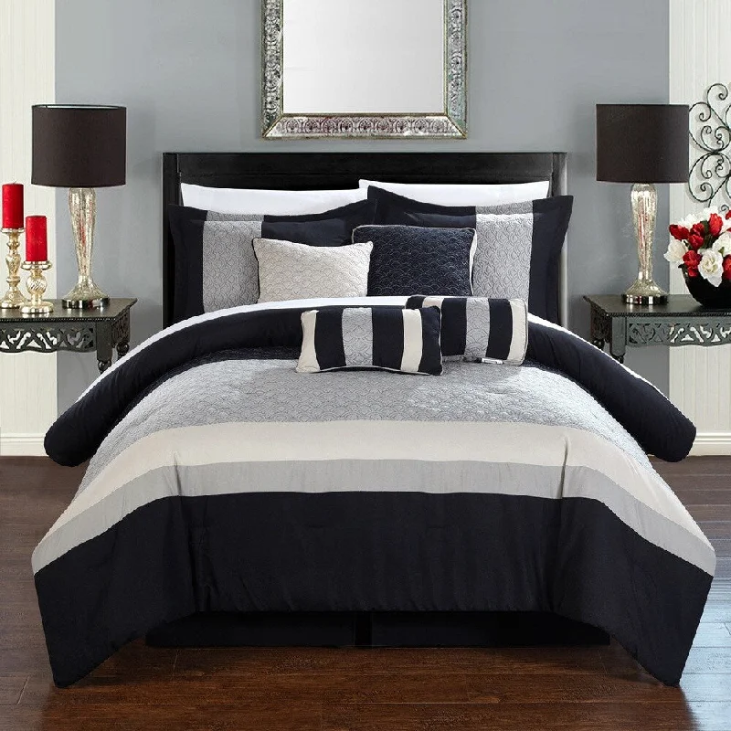 Queen - size comforters for standard queen - sized mattressesChic Home 8-Piece Delmonte Grey and Black Comforter Set