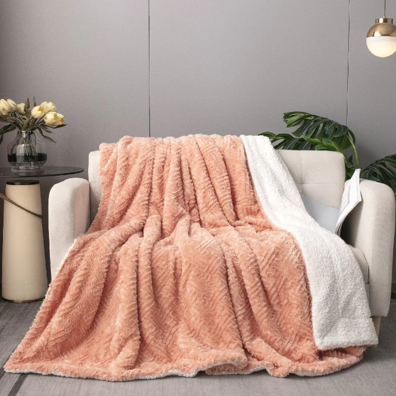 Fleece blankets for a cozy and plush textureDaDa Bedding Coral Peach Rose Faux Fur Throw Blanket - Dreamy Geometric Embossed Sherpa Backside - Super Soft Warm Cozy Plush Fluffy