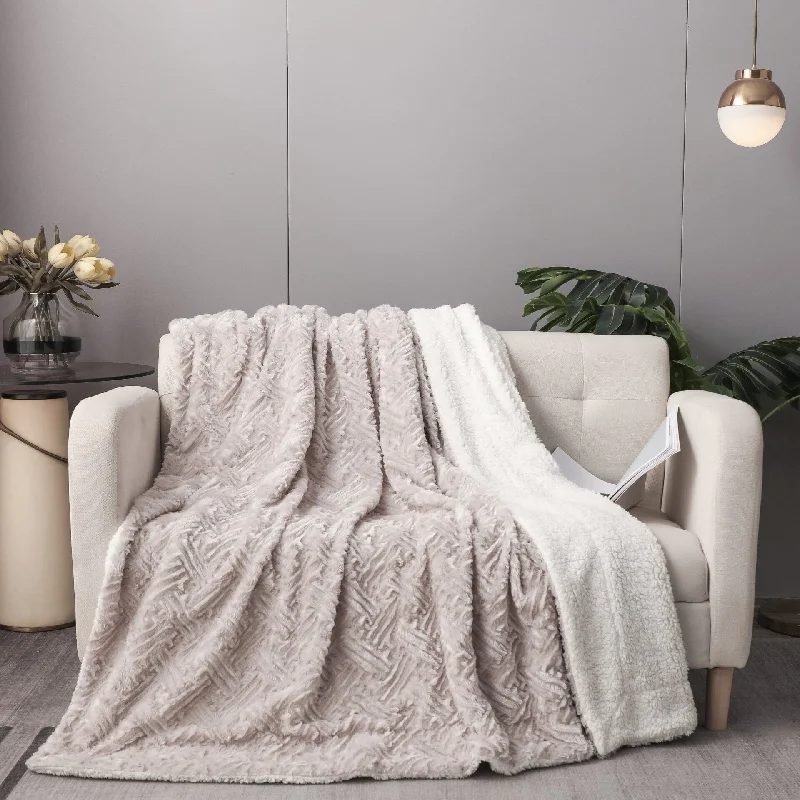 Rayon from bamboo blankets for a silky and breathable feelDaDalogy Bedding Lavender Grey Faux Fur Throw Blanket - Dreamy Geometric Embossed Sherpa Backside - Super Soft Warm Cozy Plush Fluffy