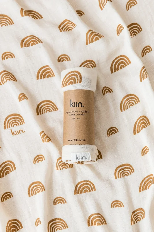 Rayon from bamboo blankets for a silky and breathable feelKiin Organic Bamboo Cotton Muslin Swaddle - Rainbow Ivory & Umber