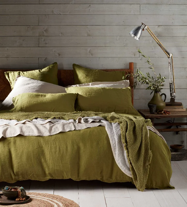 Solid - colored duvet covers in classic colors like white, black, and navy for a timeless lookMoss Green 100% Linen Duvet Cover