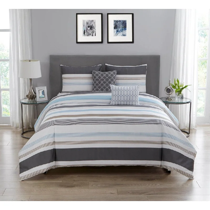 Synthetic - filled comforters like polyester for affordability and hypoallergenic propertiesSabrina Cotton Printed Comforter Set in Blue & Grey