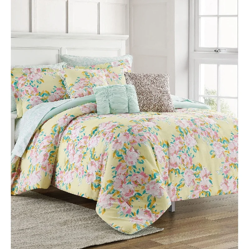 Synthetic - filled comforters like polyester for affordability and hypoallergenic propertiesSophia Floral Yellow/Aqua 10-Piece Comforter Set