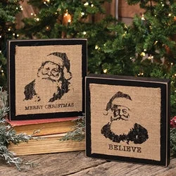 Stamped Burlap Santa Box Sign 2 Asstd.