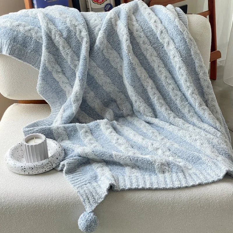 Rayon from bamboo blankets for a silky and breathable feelStriped Pom Pom Fluffy Blanket / Blue + White