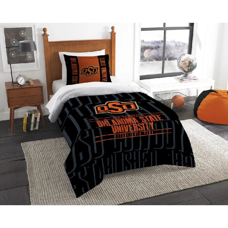 Synthetic - filled comforters like polyester for affordability and hypoallergenic propertiesThe Northwest Company Oklahoma State Modern Take Black and Orange Polyester Twin 2-piece Comforter Set